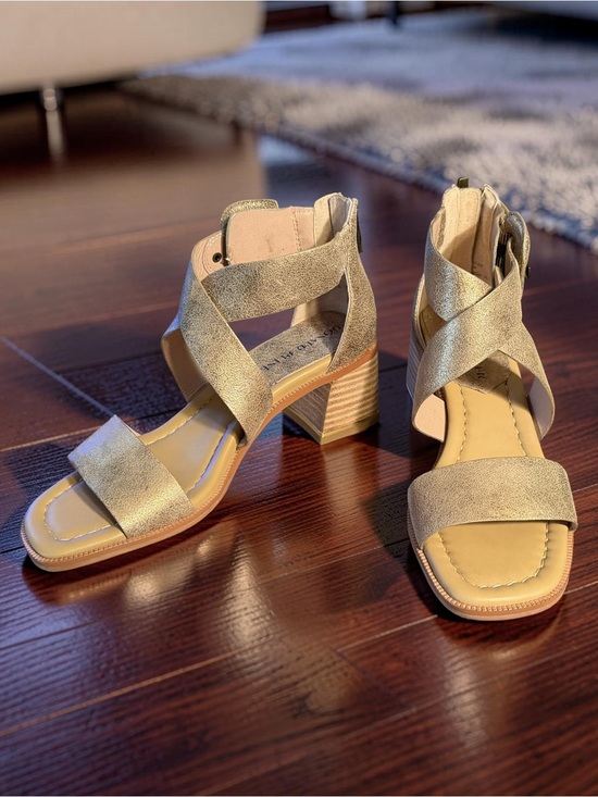 Donald Pliner Shoes - Donald Pliner NWT Sz 6M Metallic Gold Leather Crisscross Block Heel Sandals 362